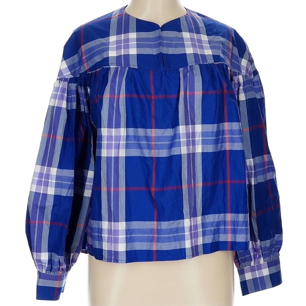 $229 NWT Harshman Moone Blouse Sz M Estoril Blue Plaid Cotton Top Preppy Coastal